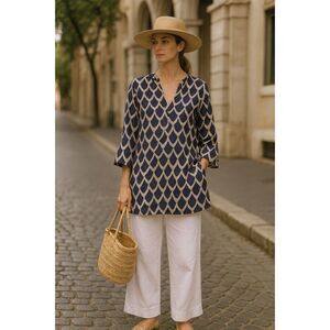 Island Company Linen Printed Navy White Tunic M